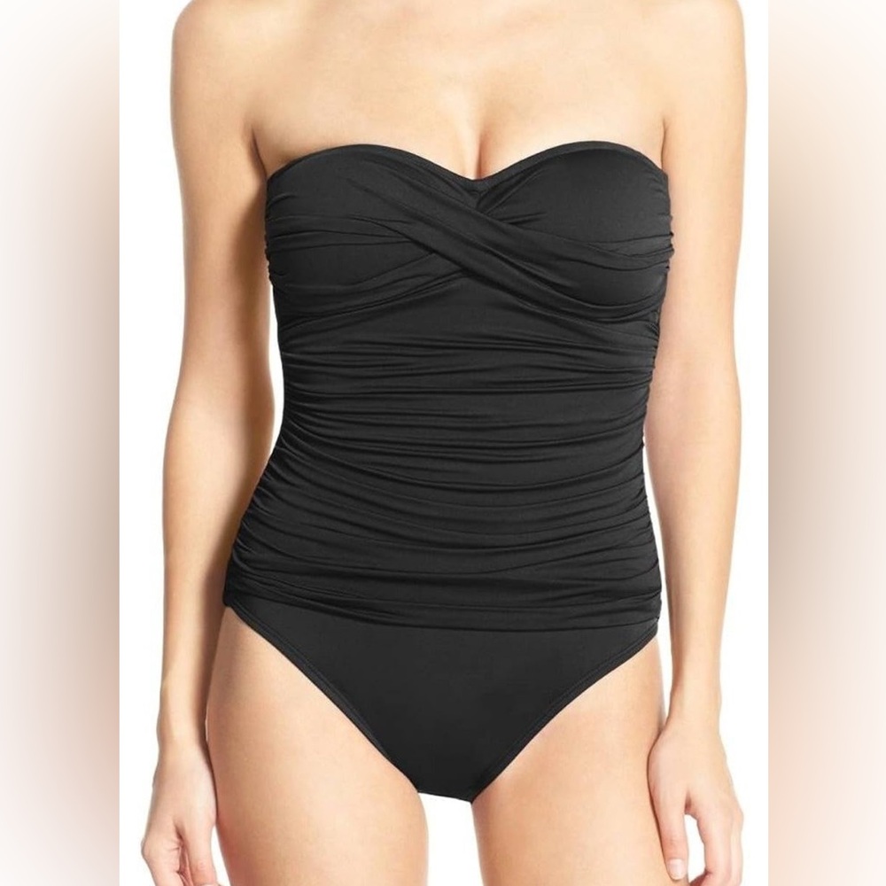 La Blanca Island Goddess Ruched Black Bandeau One-Piece Swimsuit Size 8/Medium